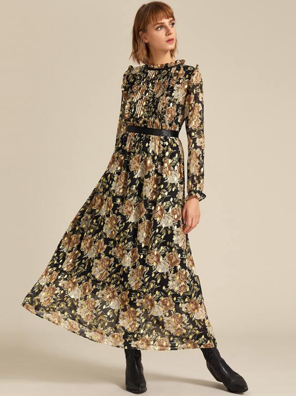

Frill Trim Pleated Front Floral Print Dress, Multicolor, Margo