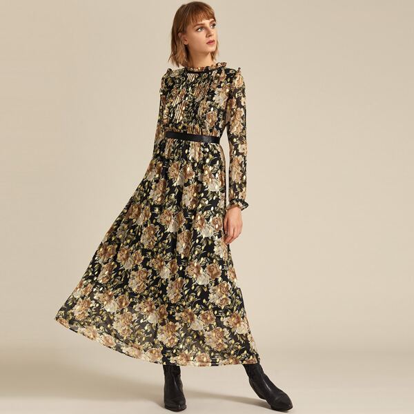 

Frill Trim Pleated Front Floral Print Dress, Multicolor