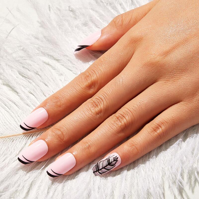 

24pcs Leaf Pattern Fake Nails & 1pc Double Sided Tape, Multicolor
