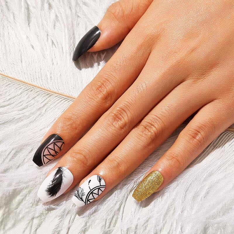 

24pcs Glitter Fake Nails & 1pc Double Sided Tape, Multicolor