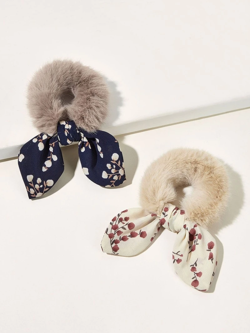 2pcs Fluffy Bow Knot Decor Hair Ties Romwe