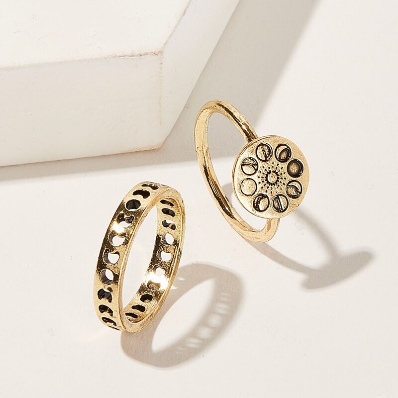 

2pcs Eclipse Pattern Rings, Gold
