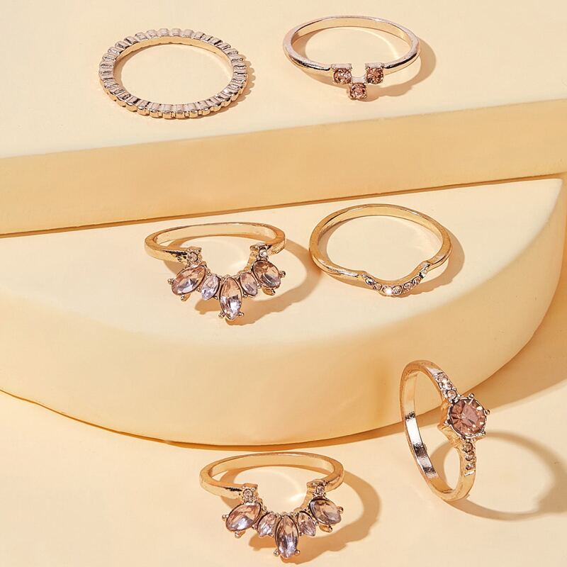 

6pcs Rhinestone Engraved Rings, Gold