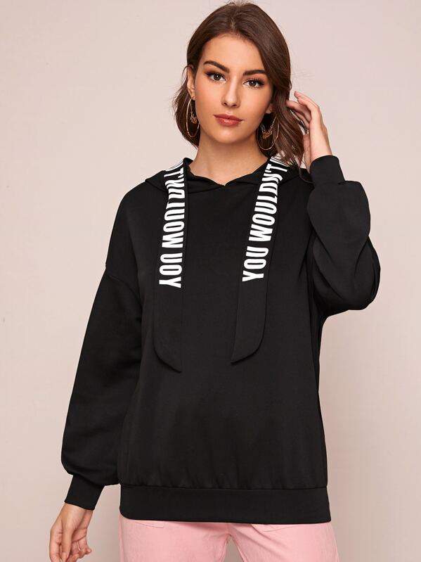 

Slogan Graphic Strap Detail Oversized Hoodie, Black, MARTINA