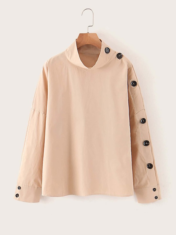 

Button Side Stand Collar Blouse, Beige