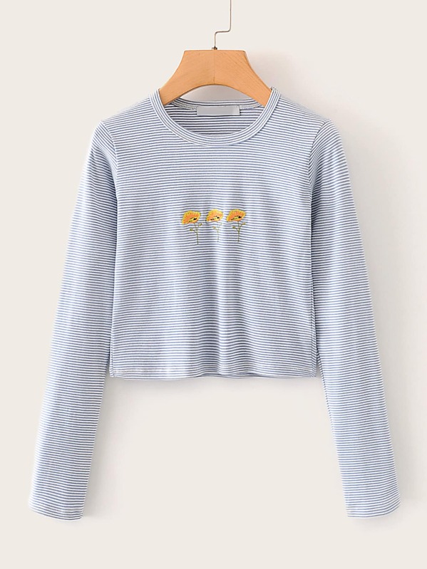 

Striped Floral Embroidered Crop Tee, Blue
