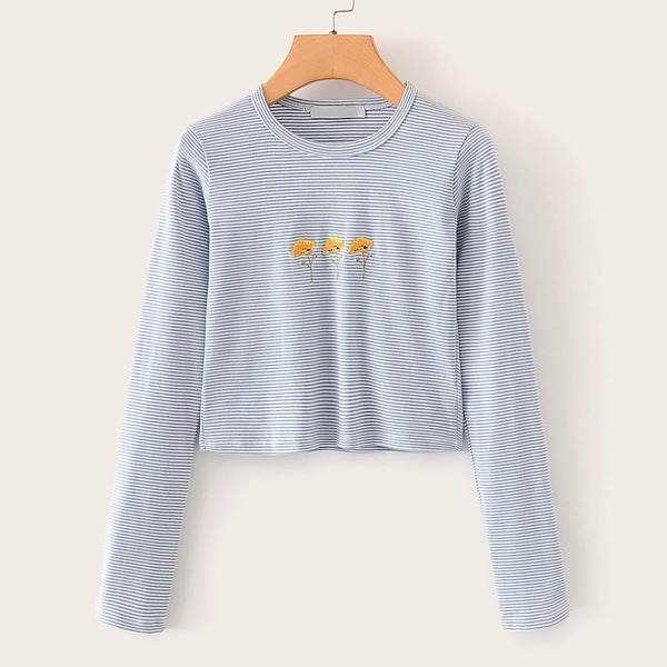

Striped Floral Embroidered Crop Tee, Blue