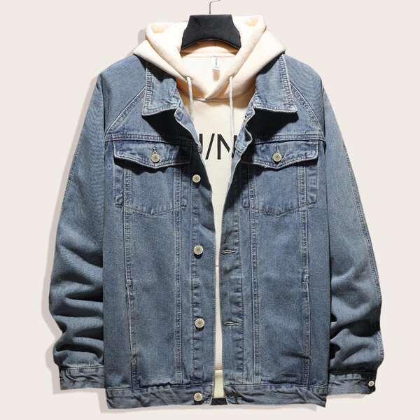 

Men Single Breasted Washed Denim Jacket, Medium wash