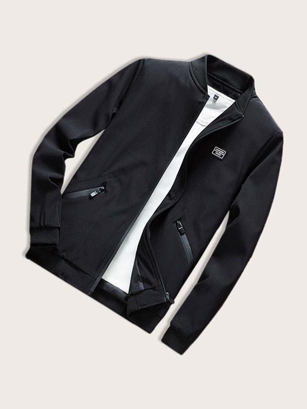 

Men Letter Patched Zip Through Jacket, Black