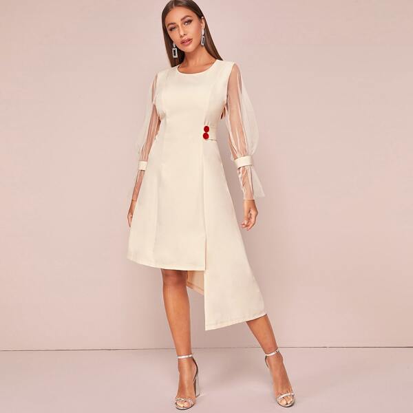 

Mesh Panel Sleeve Asymmetrical Hem Dress, Beige
