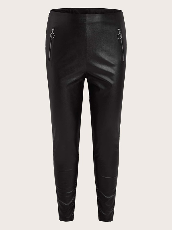

Plus O-ring Zip Detail PU Leather Pants, Black
