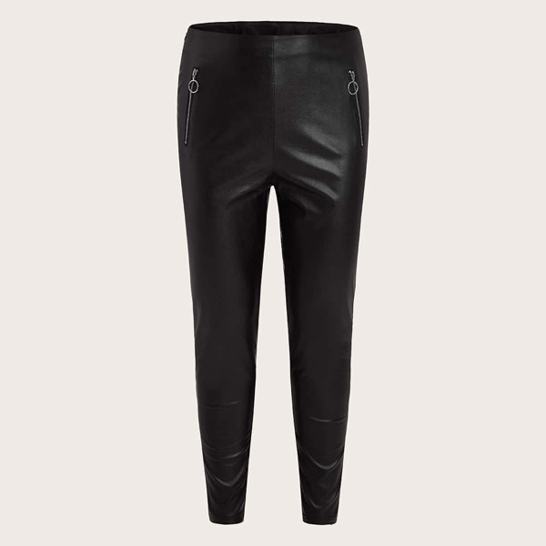 

Plus O-ring Zip Detail PU Leather Pants, Black