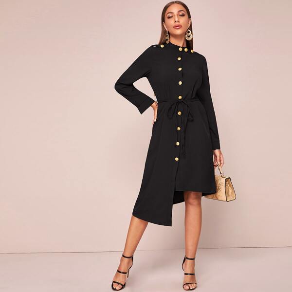

Self Tie Asymmetrical Hem Shirt Dress, Black