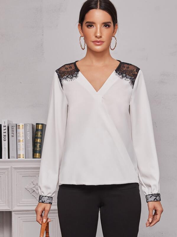 

Contrast Lace Color-Block V-Neck Blouse, White, Juliana