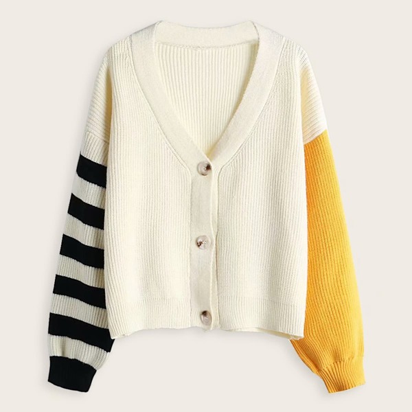 

Colorblock Striped Button Front Cardigan, White