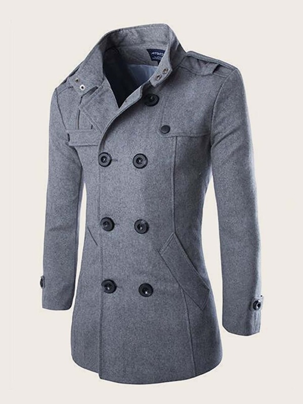 

Men Slit Back Slant Pocket Pea Coat, Grey