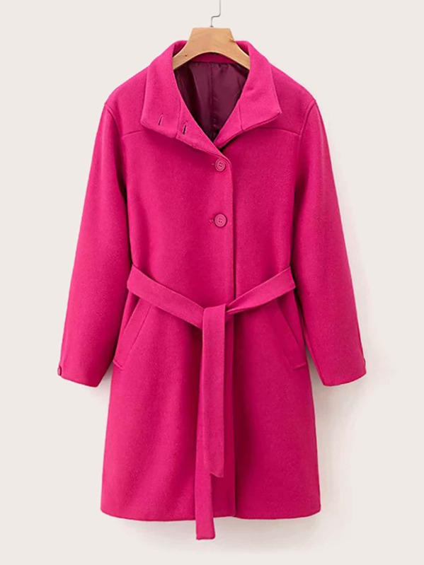 

Neon Pink Belted Single Breasted Tweed Coat