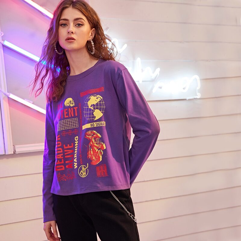 

Halloween Skull & Letter Graphic Tee, Purple