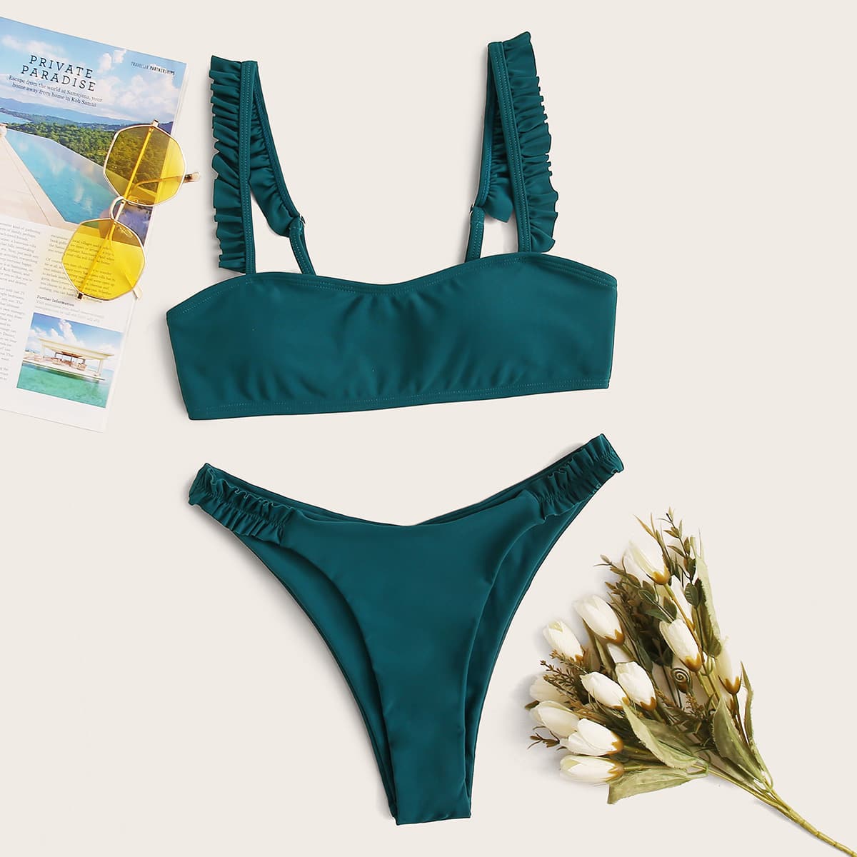 

Frill Trim Top With High Cut Bikini Set, Green
