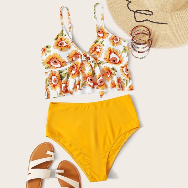 

Sunflower Random Print High Waist Tankini, Multicolor