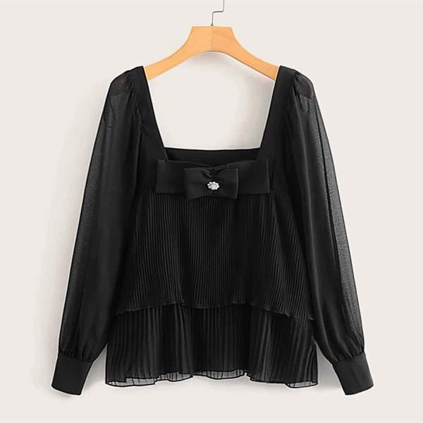 

Square Neck Pleated Hem Bow Front Blouse, Black