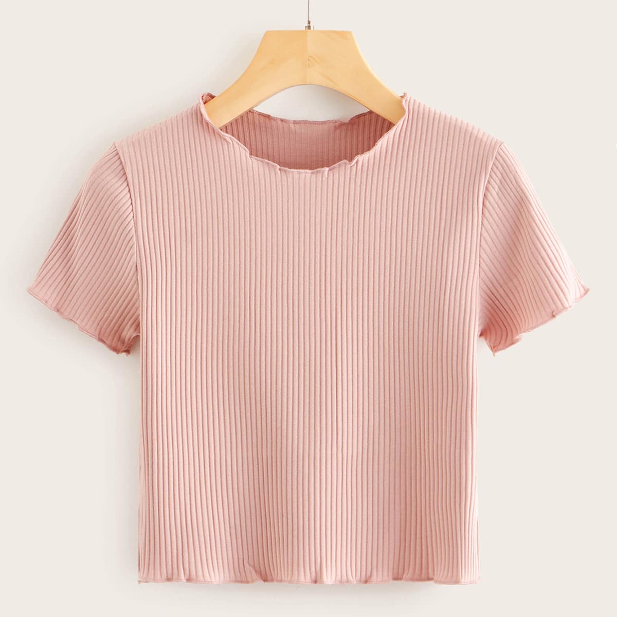 

Solid Lettuce Trim Ribbed Tee, Pink