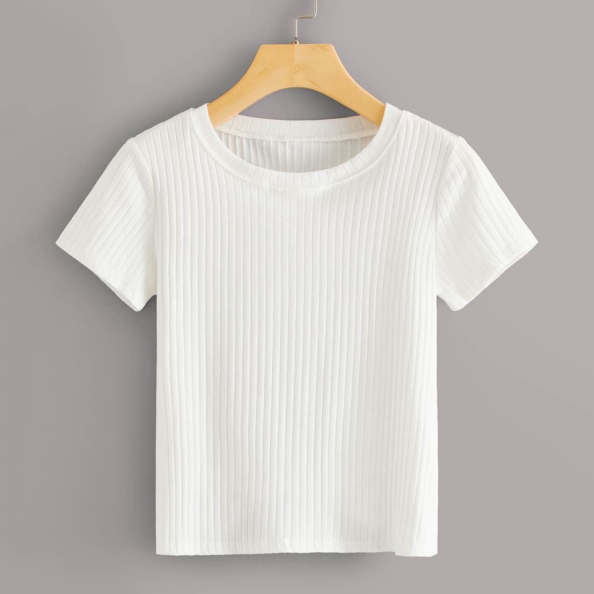 

Solid Rib-knit Short Sleeve Tee, White