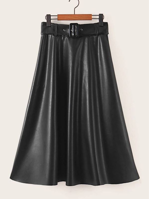 Belted PU Leather Flared Skirt, Black