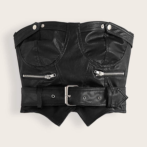 

Belted PU Leather Crop Tube Top, Black