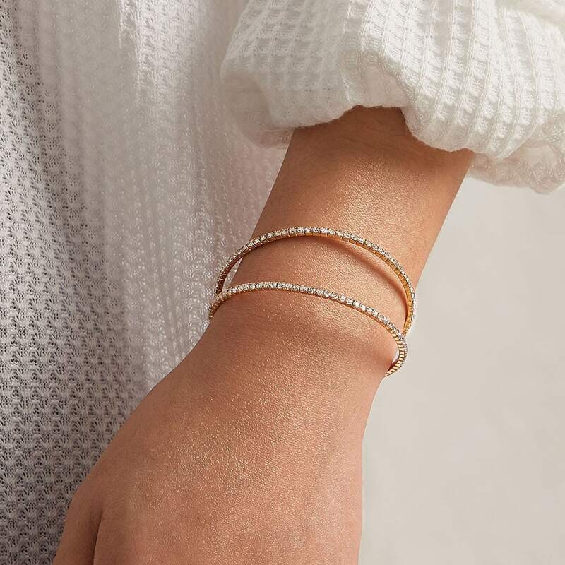 

1pc Twin Rhinestone Pave Thin Band Bracelet, Gold