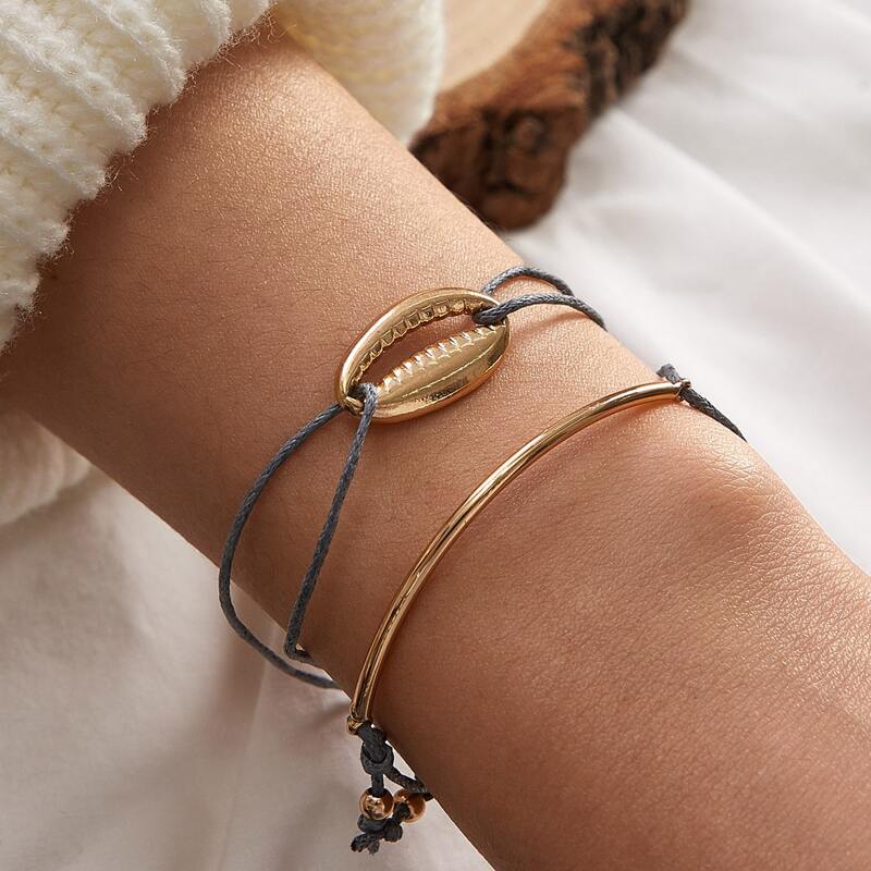 

2pcs Shell 7& Curved Bar Decor Bracelets, Multicolor