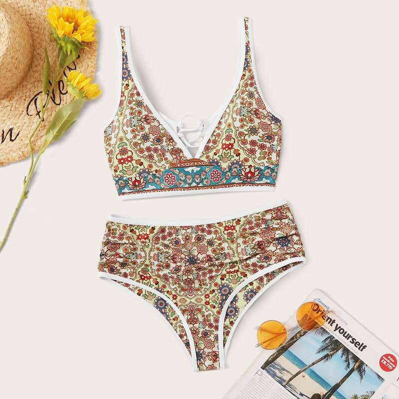 

Tribal Lace-up Back Top With High Waisted Bikini, Multicolor