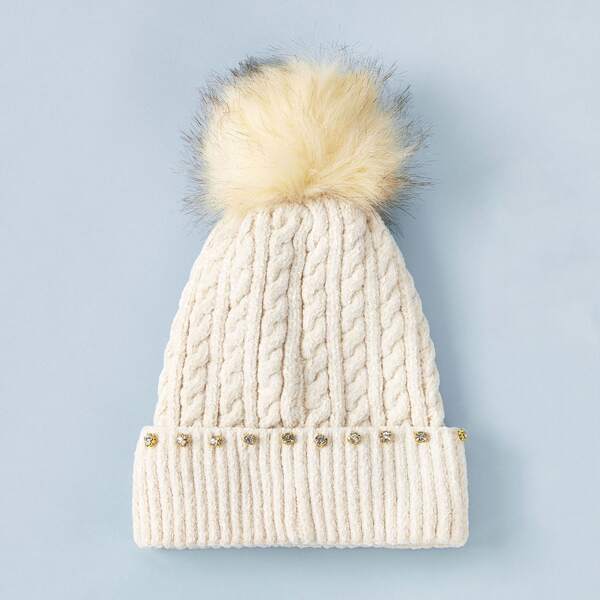 

Rhinestone & Pom Pom Decor Knitted Beanie, White