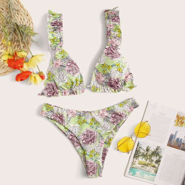

Floral Random Print Frill High Cut Bikini Swimsuit, Multicolor