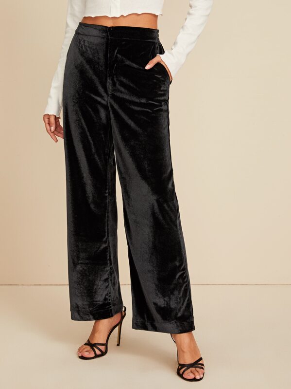 Pocket Side Wide Leg Velvet Pants, Black, Gabi B