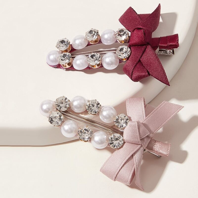 

2pcs Faux Pearl & Bow Knot Decor Hair Clip, Multicolor