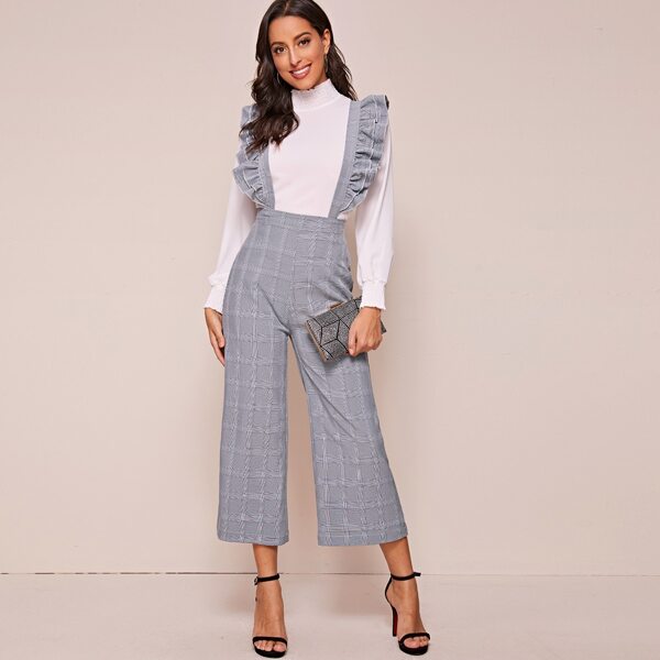 

Ruffle Trim Zip Back Plaid Pinafore Jumpsuit, Grey