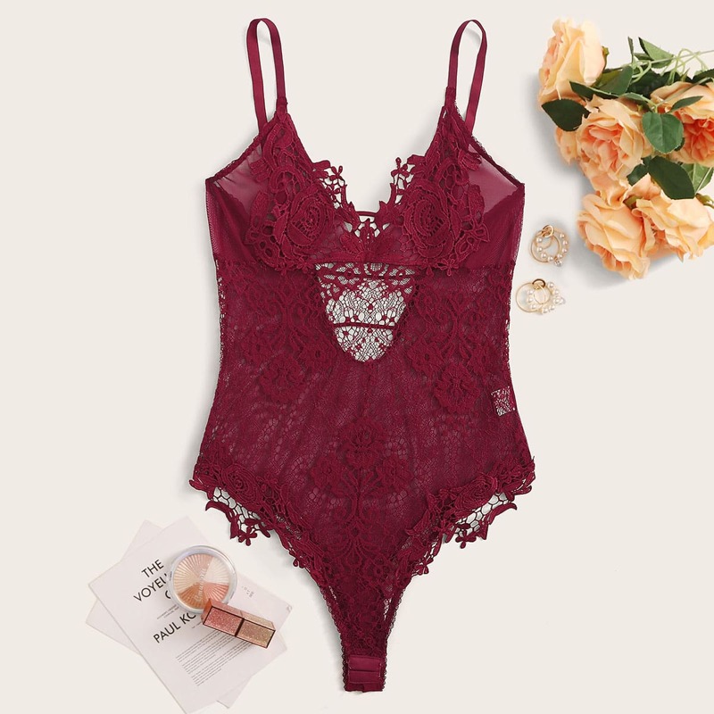 

Contrast Lace Mesh Teddy Bodysuit, Burgundy