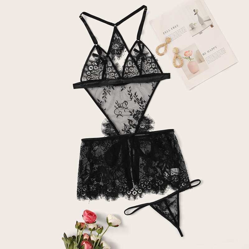 

Floral Lace Cut-out Slips With Thong, Black
