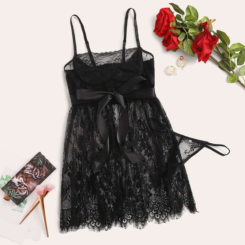 

Floral Lace Tie Front Slips With Thong, Black