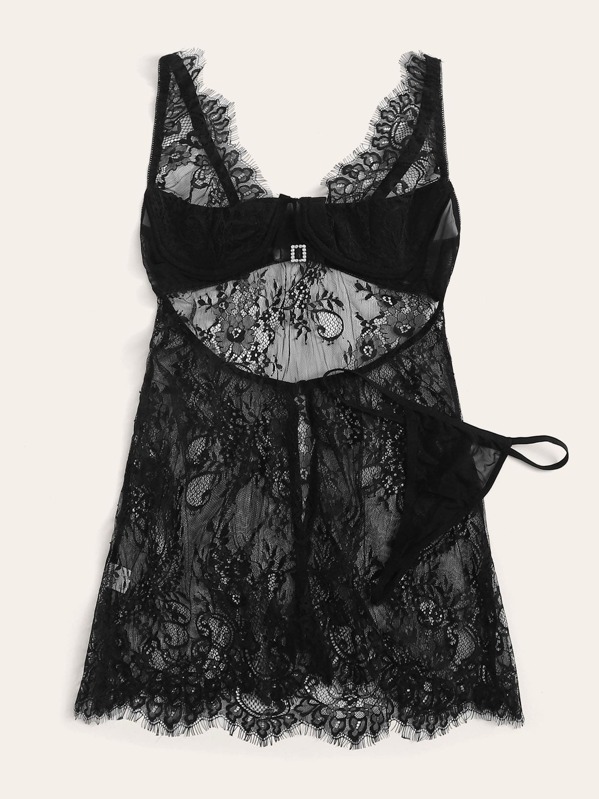 

Floral Lace Underwire Slips With Thong, Black