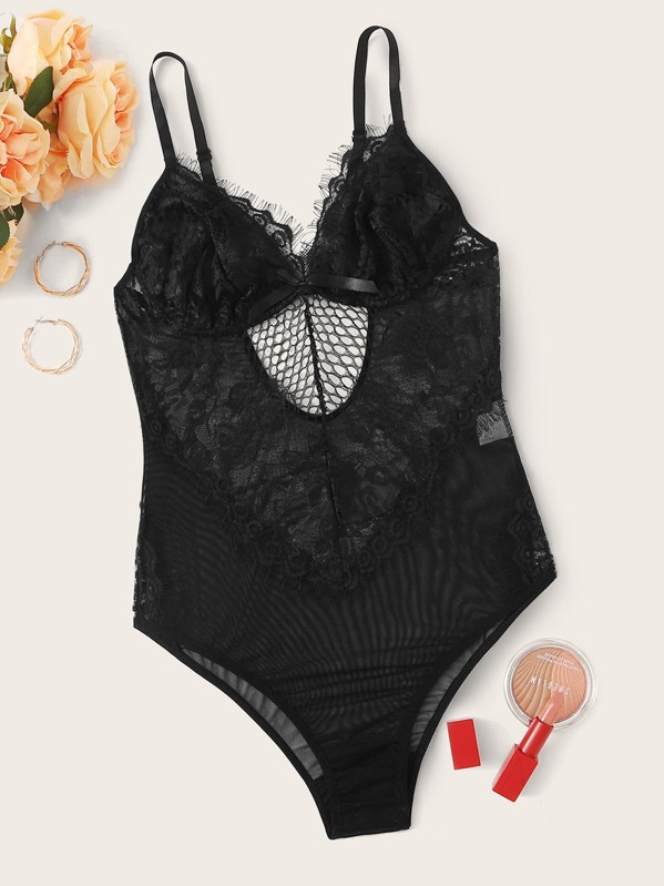 

Contrast Lace Mesh Teddy Bodysuit, Black