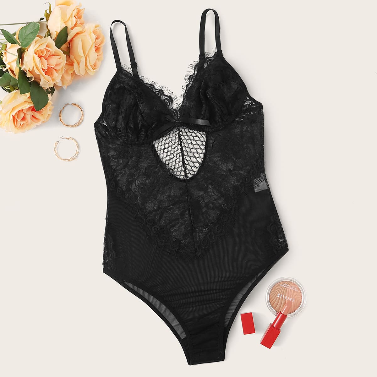 

Contrast Lace Mesh Teddy Bodysuit, Black