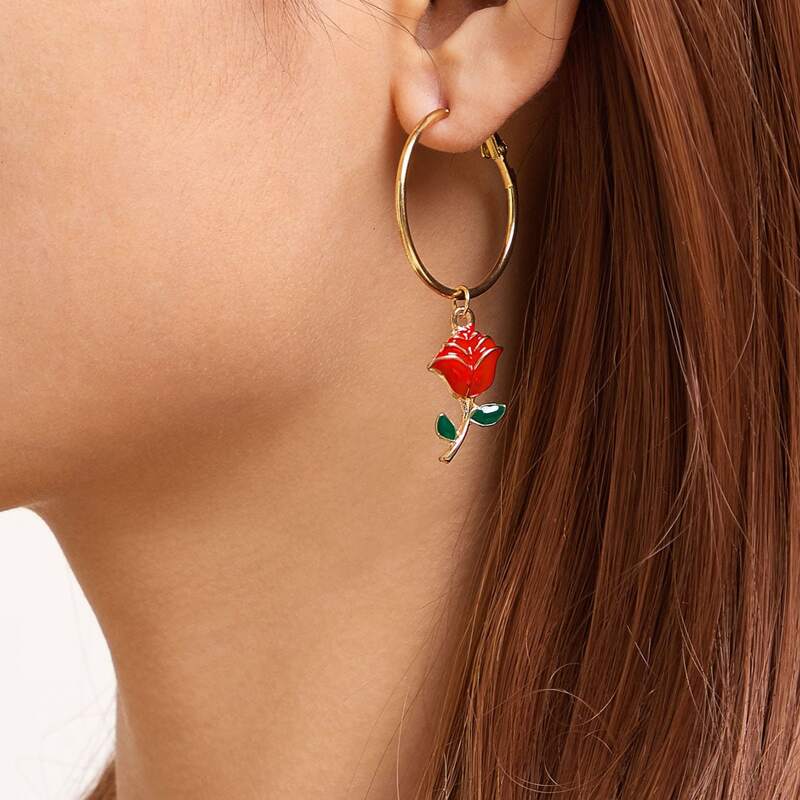 

Rose Flower Charm Hoop Earrings, Red