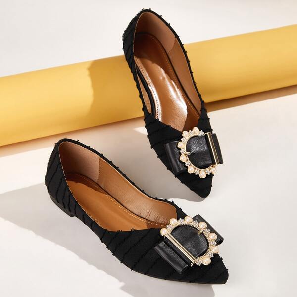

Faux Pearl & Rhinestone Decor Point Toe Flats, Black