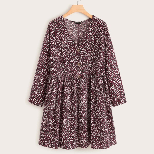 

Leopard Print Button Detail Smock Dress, Multicolor