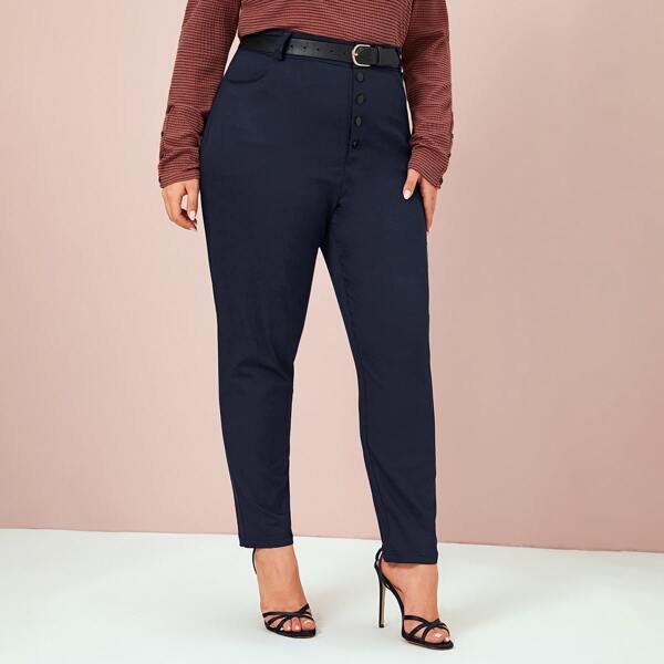 

Plus Solid Button Fly Carrot Jeans, Navy