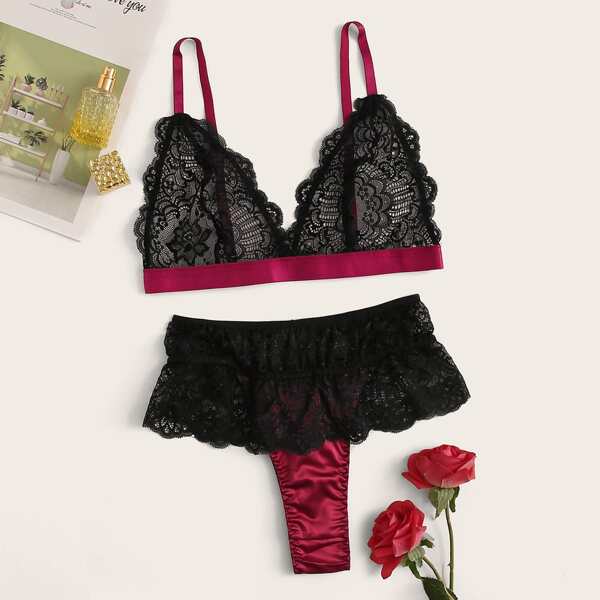 

Floral Lace Lingerie Set, Black