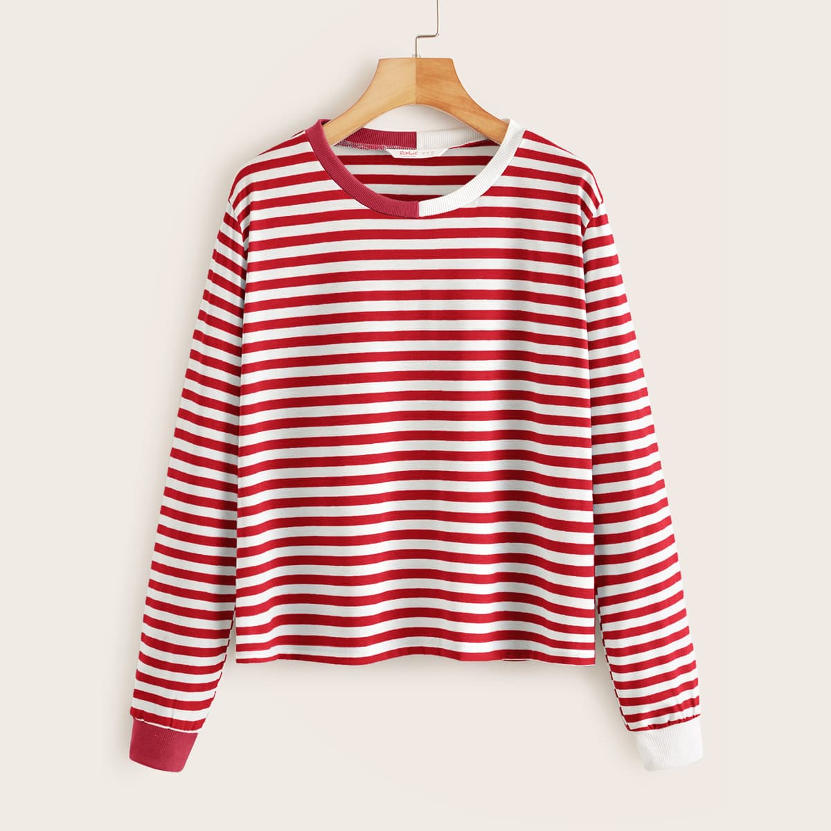 

Contrast Panel Long Sleeve Striped Tee, Red