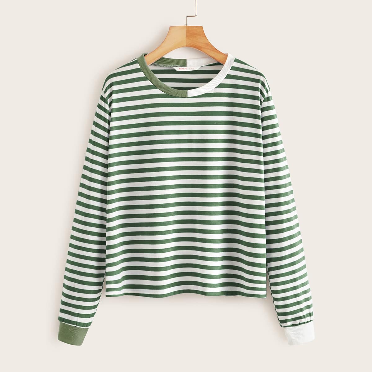 

Contrast Panel Long Sleeve Striped Tee, Green